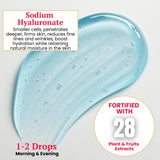 Blue gel with text about Sodium Hyaluronate and its benefits on a light gray background