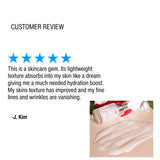 Five-star customer review of a skincare product with a product image on a white background