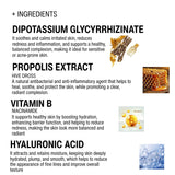 List of skincare ingredients with images and descriptions on a white background