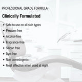 List of product features for a professional grade formula on a white background with abstract design.