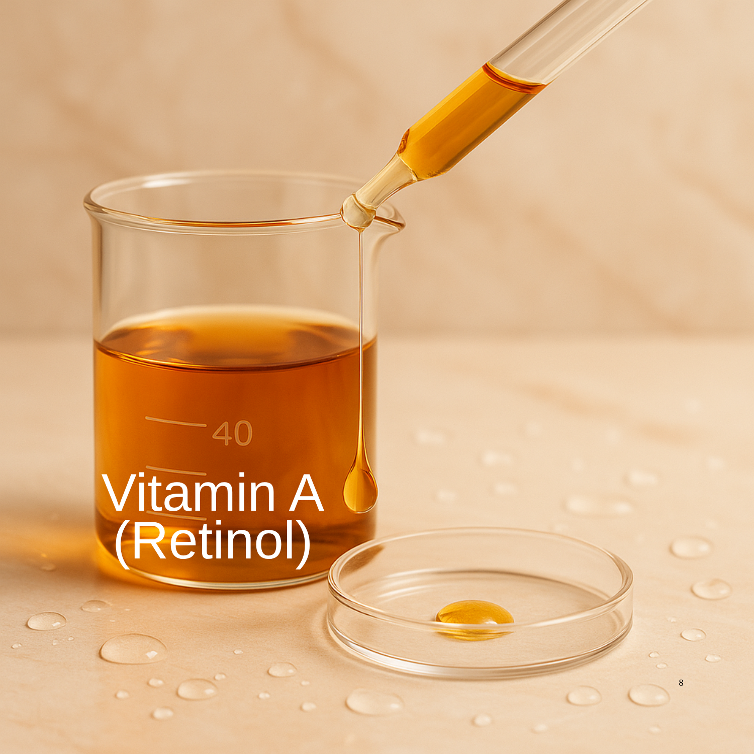 Beaker labeled 'Vitamin A (Retinol)' with a dropper and petri dish on a beige background
