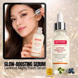 Gymsegbe Luminous Mighty Punch Serum with a woman applying it to her face.
