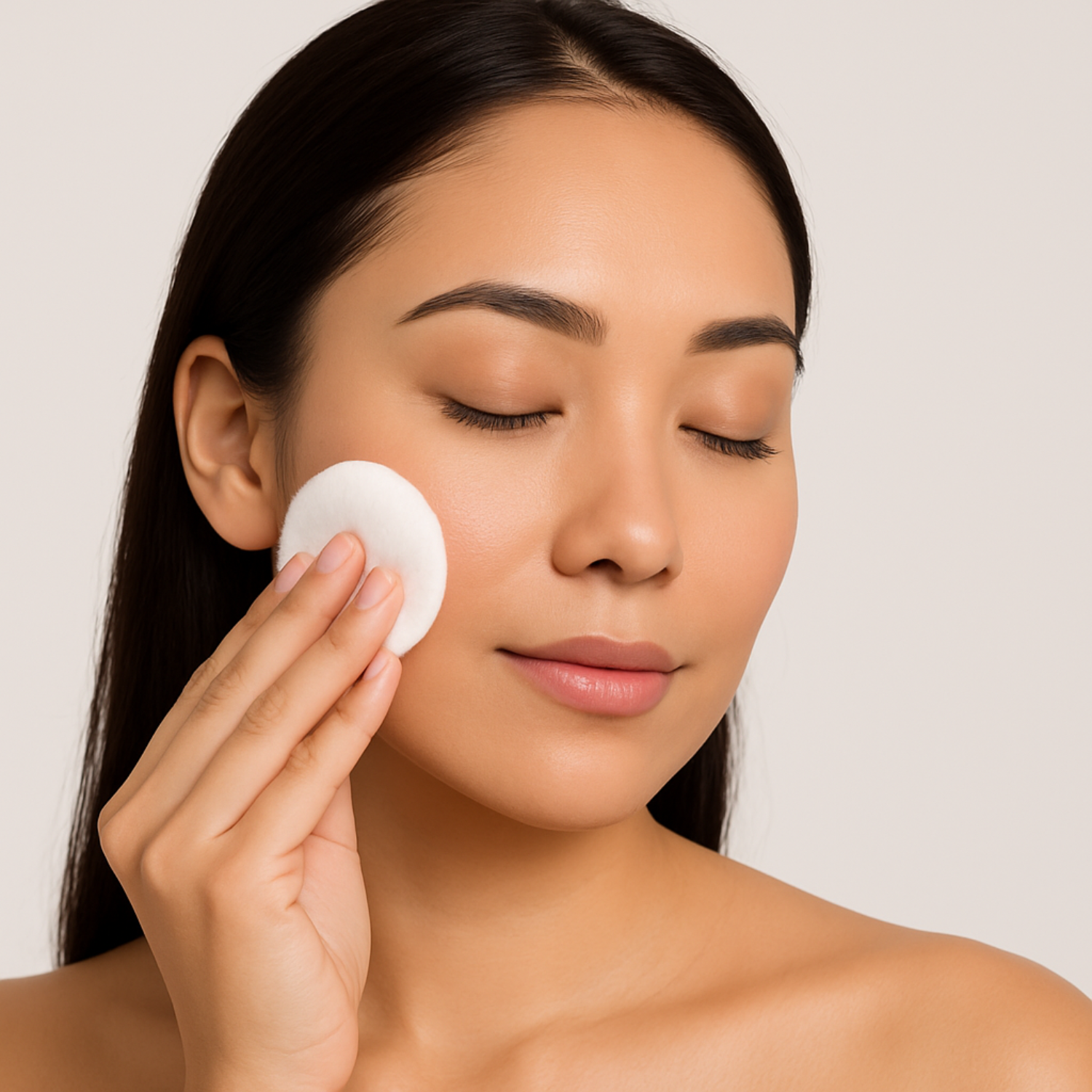 Woman applying a white round pad to her face against a plain background