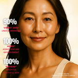 Woman with text indicating skin improvement results on a beige background