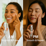 Women applying AM and PM Korean skincare serums for brightening, protecting, smoothing, and repairing skin.