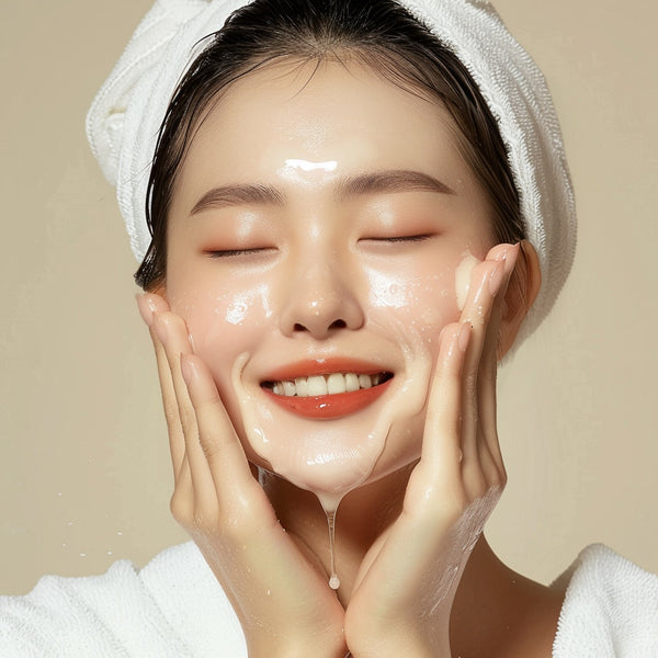 Korean woman applying serum to her face