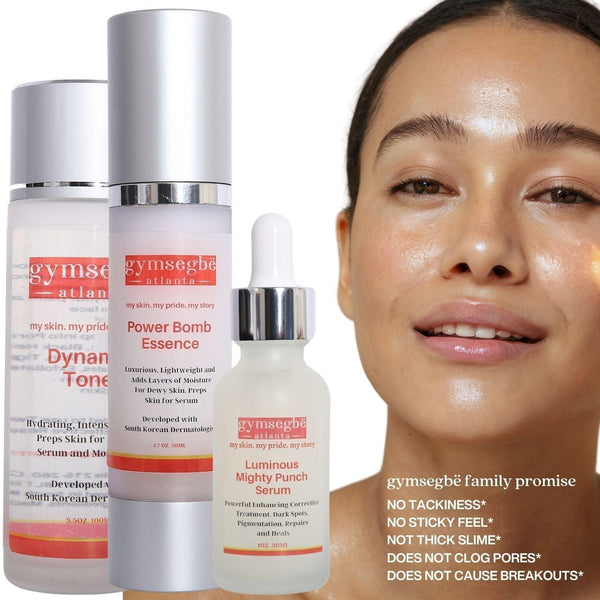 Gymsegbe | Woman with Glowing Skin with Luminous Mighty Punch, Power Bomb Essence and Dynamic Toner Next to Her