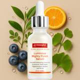 60ml Gymsegbe Luminous Mighty Punch Serum bottle with fruits and leaves on a beige background