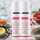 2 bottles of 50ml glycolic lactic acid peel with gymsegbe branding on a background with fruits and natural elements.