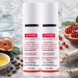 Two glycolic lactic acid peel bottles with gymsegbe branding on a background with fruits and natural elements.