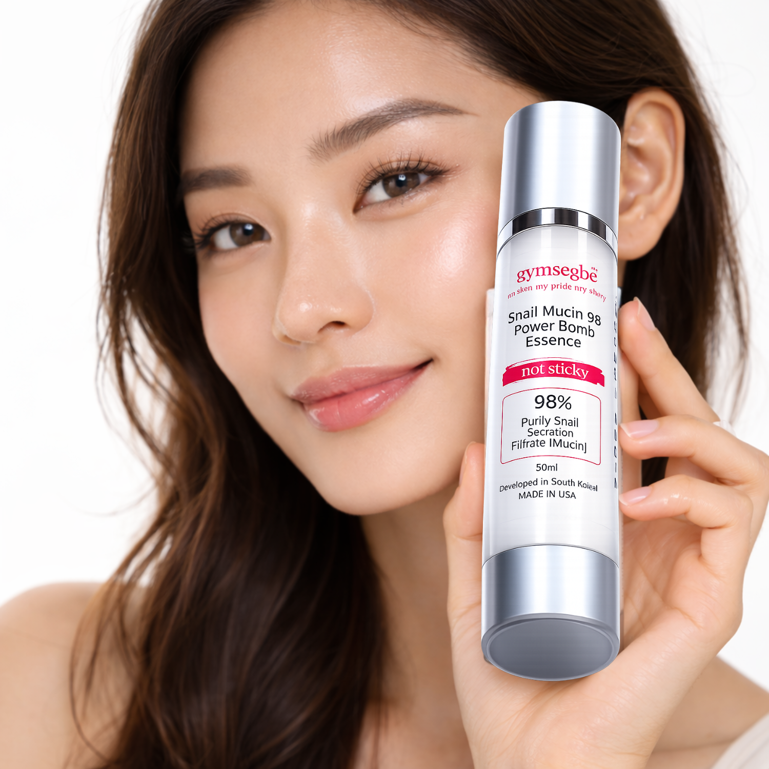 Woman holding a snail mucin 98 essence with a white background