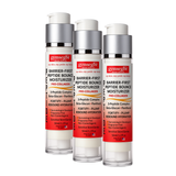 Three cylindrical pump bottles of gymsegbe Barrier-First Peptide Bounce Moisturizer arranged side by side on a plain white background. The bottles are clear with white caps and silver-gray collars, and the labels are white, red, and orange.