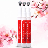 Red label eye cream pump bottle with cherry blossom design on a white background
