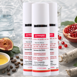3 bottles of 50ml glycolic lactic acid peel ingredients and a glass of water on a textured surface