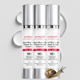 Three bottles of Gymsegbe Snail Mucin Power Bomb Essence on a light gray background with a snail illustration.