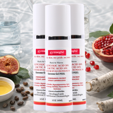 3 gymsegbe glycolic lactic acid peel bottles with ingredients and a glass of water on a textured surface