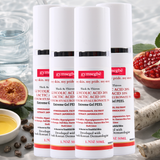 4 bottles of 50ml glycolic lactic acid peel red labels on a textured surface with fruits and leaves.