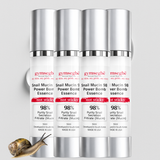 Four bottles of Gymsegbe Snail Mucin Power Bomb Essence on a light gray background with a snail illustration.