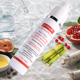 Gymsegbe glycolic lactic acid peel with pomegranate, fig, and other natural elements on a white background