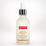 A 2oz glass dropper bottle of gymsegbé Luminous Mighty Punch Serum, featuring a frosted white bottle, white dropper cap, and a silver collar with a red and white label.