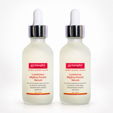 Two 2oz glass dropper bottles of gymsegøbe Luminous Mighty Punch Serum on a clean white background.