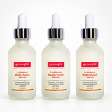 Three identical frosted glass dropper bottles of GYMSEGB° Luminous Mighty Punch Serum arranged side by side on a clean white background.