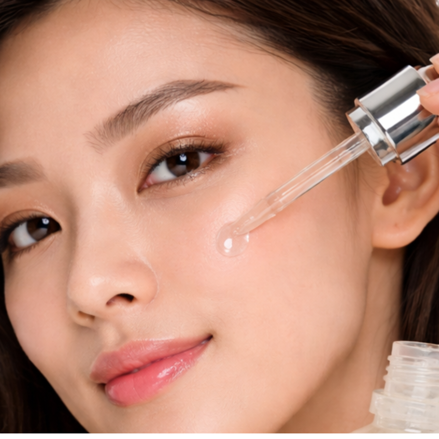 Woman applying a dropper of luminous mighty punch serum to her face