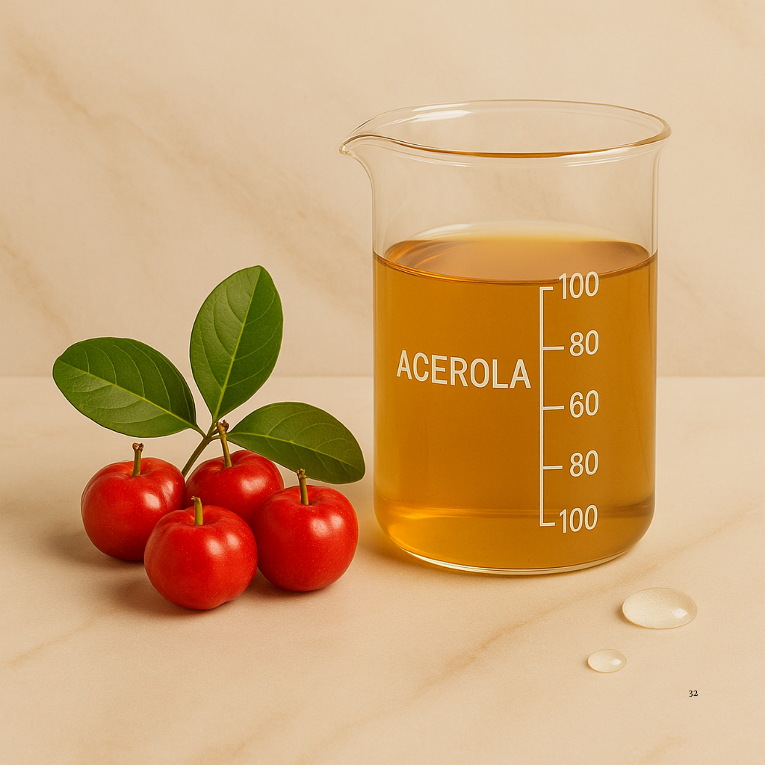 Beaker of Acerola juice with fresh Acerola cherries on a beige background