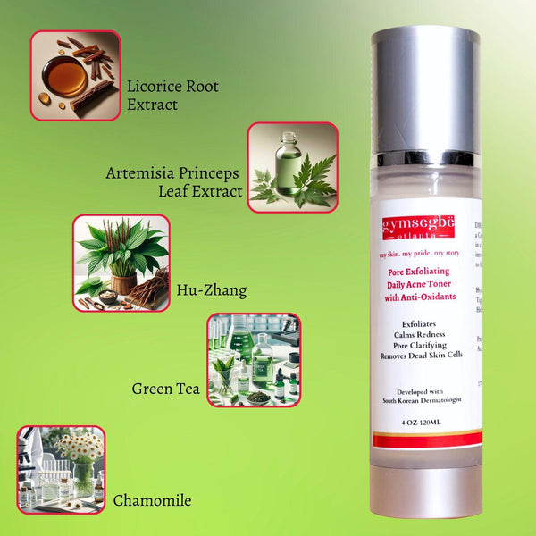 Gymsegbe Acne Toner on a green background showing Natural Ingredients