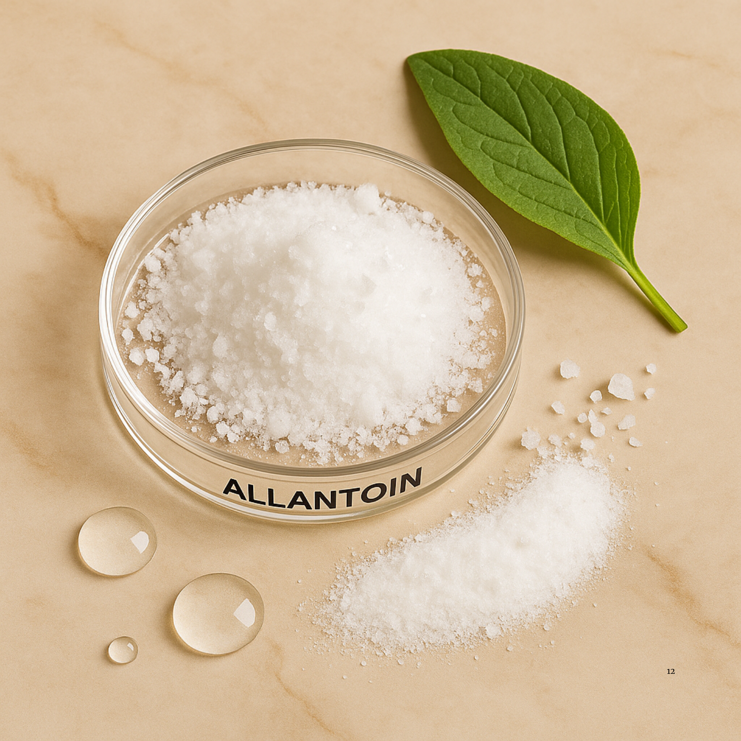 Clear container labeled 'Allantoin' with white powder, green leaf, and water droplets on a beige background