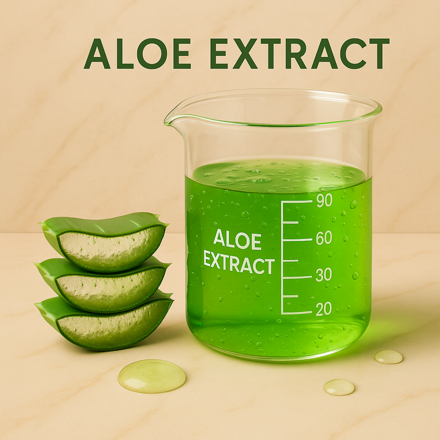 Beaker of aloe extract with aloe vera slices on a beige background