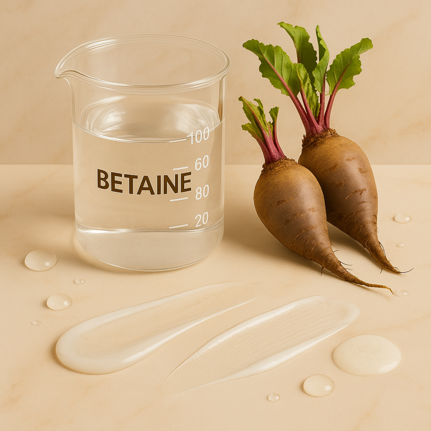 Beaker labeled 'BETAIN' with two beets on a beige background