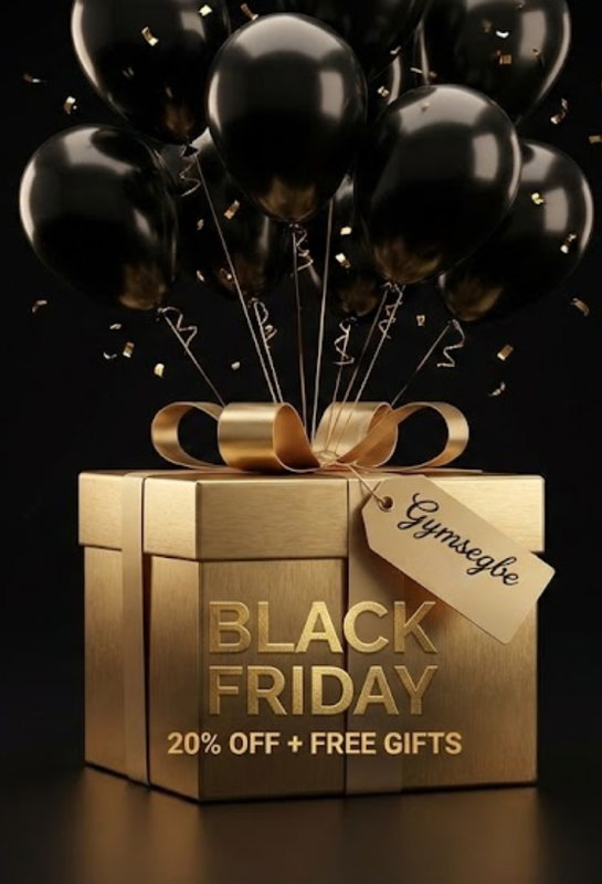 Gold gift box with 'Black Friday' offer and black balloons on a dark background