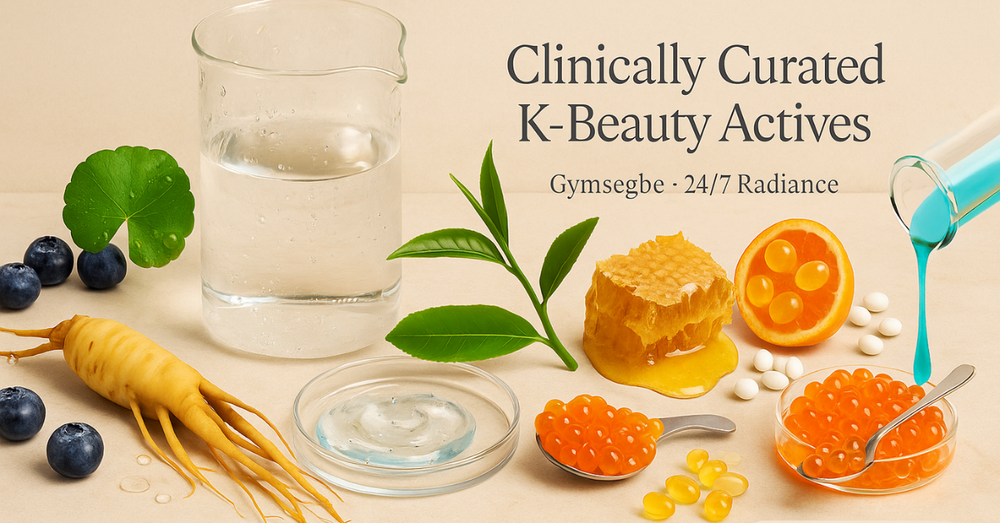 K-Beauty actives with a glass of water, blueberries, and other natural ingredients on a beige background.
