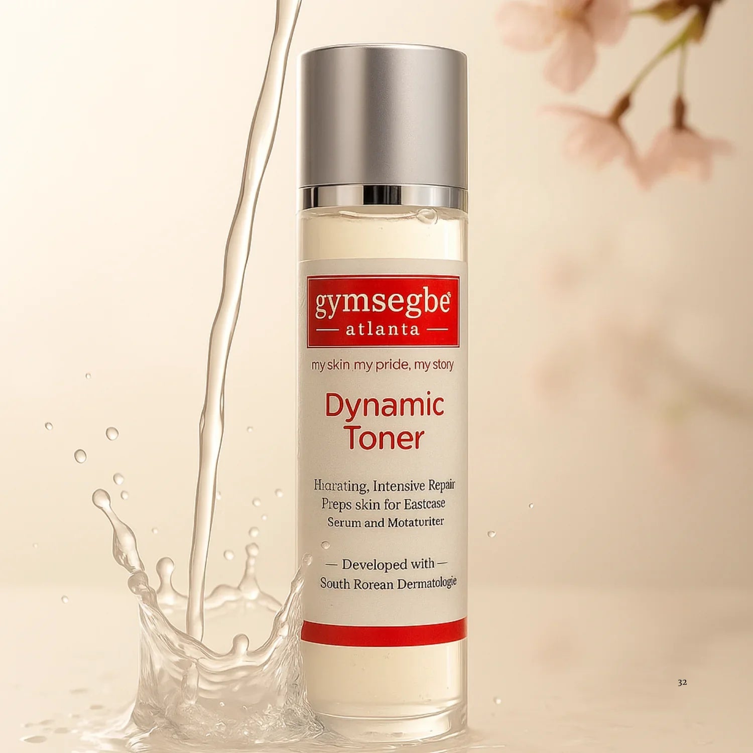 Gymsegbe Korean skincare  Dynamic Toner bottle with liquid splashing around on a beige background