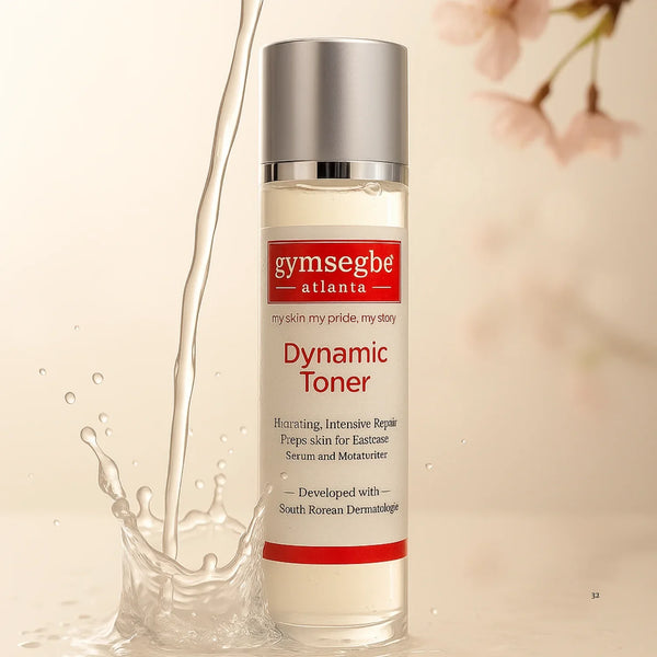 Gymsegbe Korean skincare  Dynamic Toner bottle with liquid splashing around on a beige background