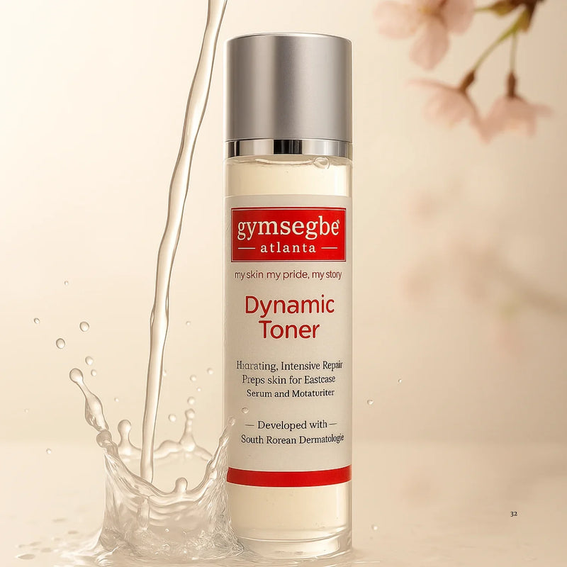 Gymsegbe Korean skincare  Dynamic Toner bottle with liquid splashing around on a beige background
