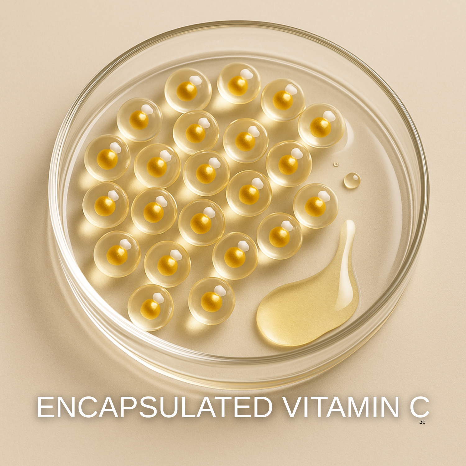 Encapsulated vitamin C droplets in a glass dish on a beige background