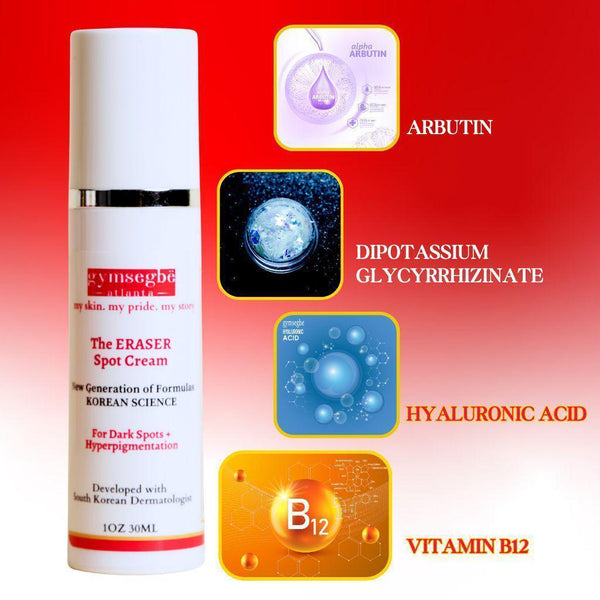 Skincare cream bottle with ingredients displayed on a red background
