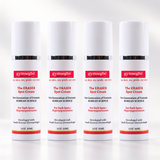 Four identical white cosmetic bottles of gymsegbé The Eraser Spot Cream arranged in a row on a clean white background.