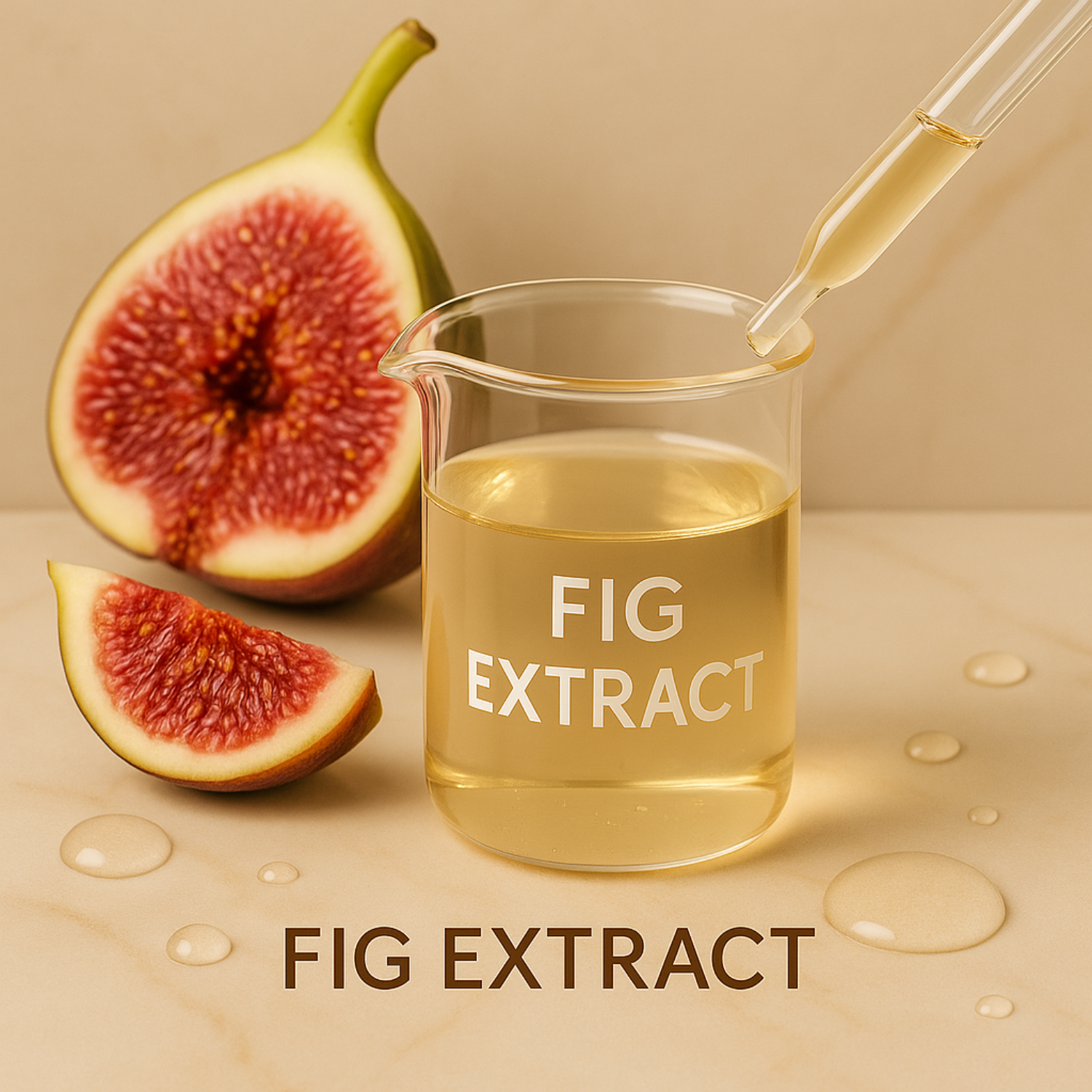 Beaker labeled 'Fig Extract' with figs on a beige background