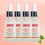 Four bottles of Gymsegbe Luminous Mighty Punch Serum on a pink background