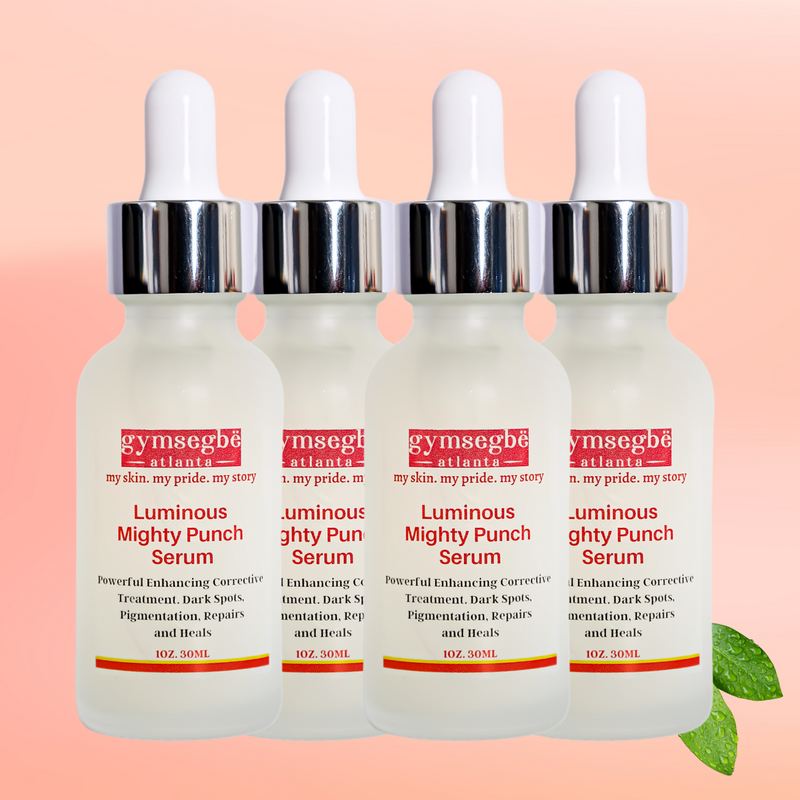 Four bottles of Gymsegbe Luminous Mighty Punch Serum on a pink background