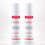 Two white cylindrical bottles of gymsegbä Advanced Brightening Gel Foam Cleanser with red and black text, set against a plain white background.