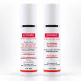 Two white cosmetic bottles with white caps on a clean white background. The left bottle reads 'gymsegbé Thick As Thieves' and the right bottle reads 'gymsegbé The ERASER Spot Cream', both with red and black text and red/orange bands near the bottom.