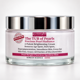 A 200ml glass jar of gymsegb·studio The TUB of Pearls Precious Pearl Radiance Brightening Cream, featuring a reflective silver lid and a white label with magenta and red text.