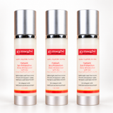 Three identical bottles of Gymsegbé Habaek Sun Protection Body Moisturizer SPF 50 arranged side by side on a plain white background.
