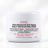 A white cosmetic jar of gymsegbé Ultra-Advanced Anti-Aging Daily Exfoliating Pads on a clean white background.