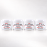 Four white plastic jars of Groomful Ultra-Advanced Anti-Aging Daily Exfoliating Pads arranged in a row on a white background.