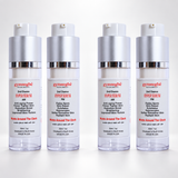 Four bottles of Gymsegbé Hyper Serum AM and PM skincare products arranged in a row on a white background.